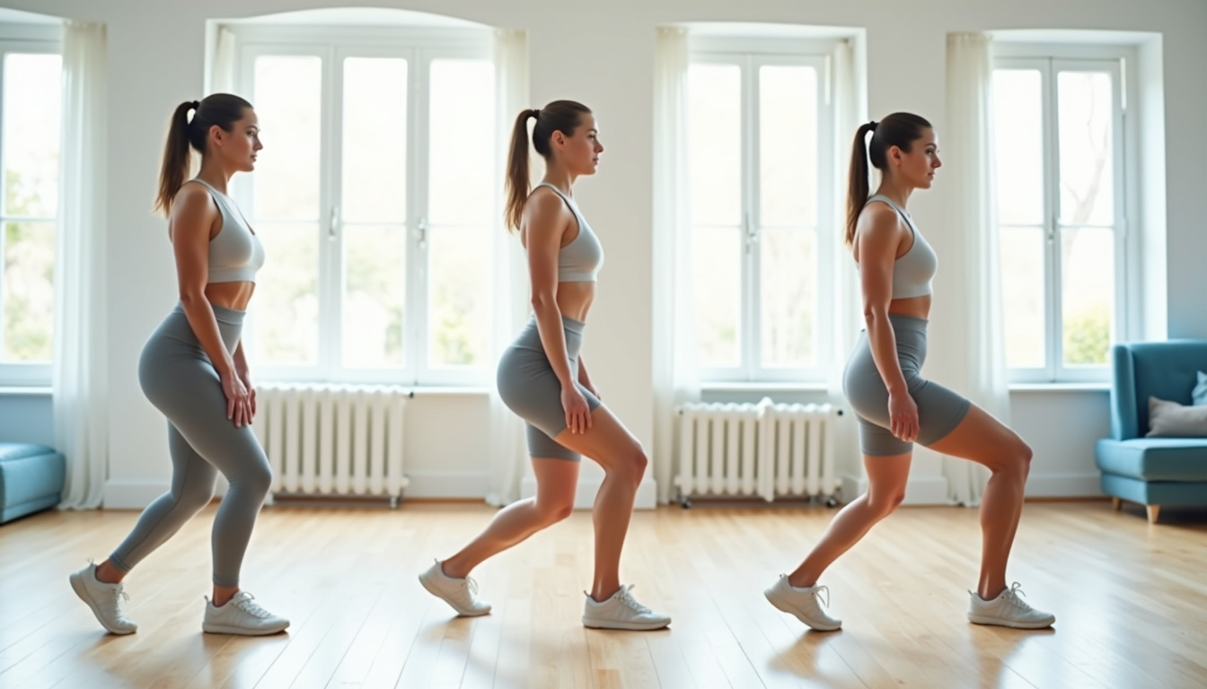 Illustration de trois exercices simples pour renforcer les quadriceps à domicile: squat, fente avant et extension de jambe assise