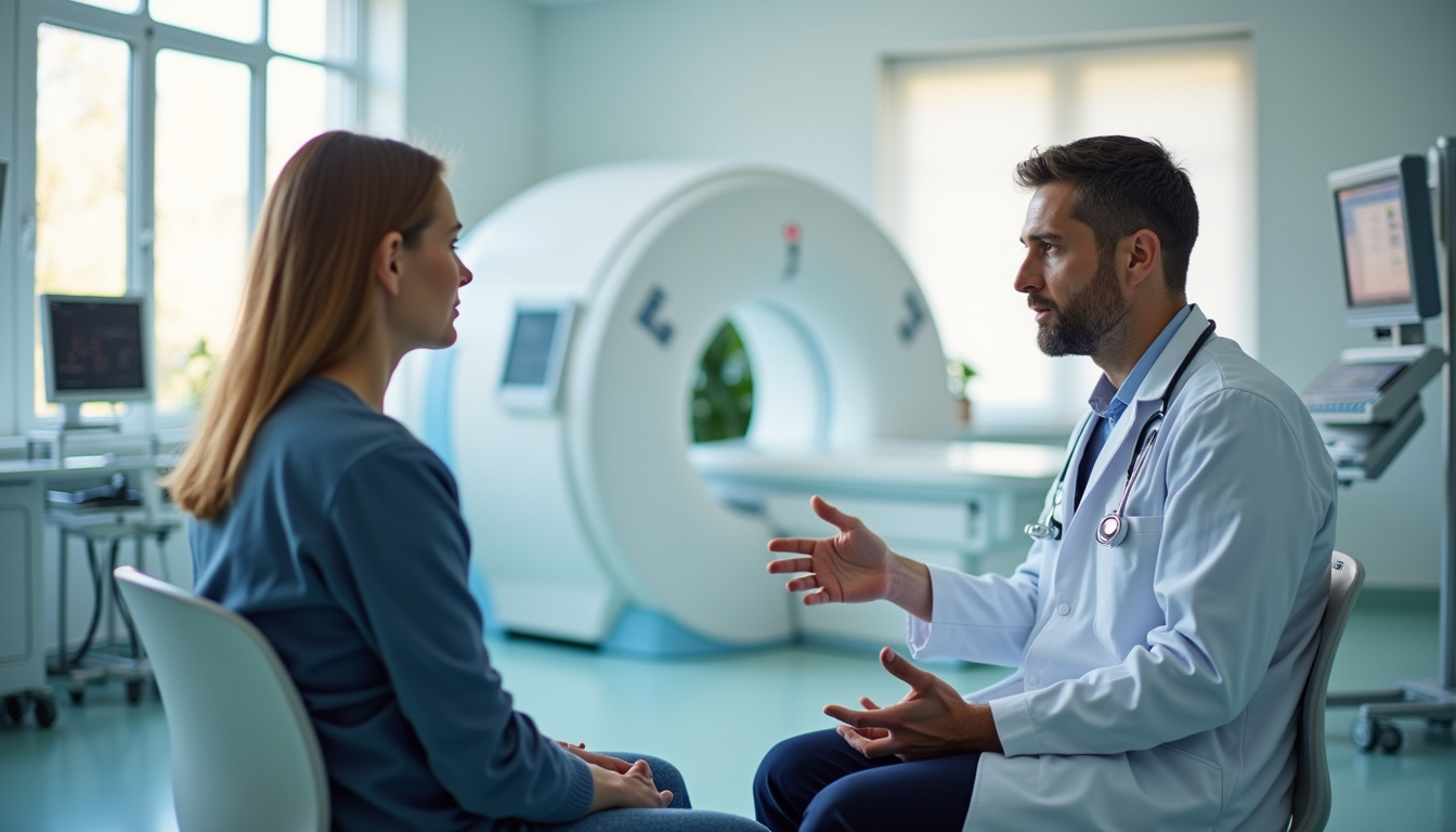 Neurologue en blouse blanche discutant avec un patient dans un service hospitalier à Lyon, entouré d'équipements médicaux spécialisés