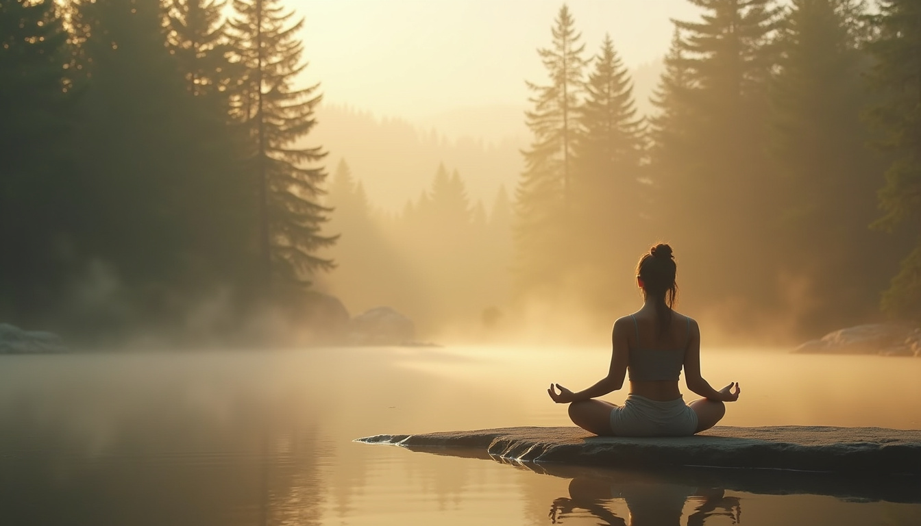 Personne en méditation assise dans une posture calme, les yeux fermés, dans un environnement paisible