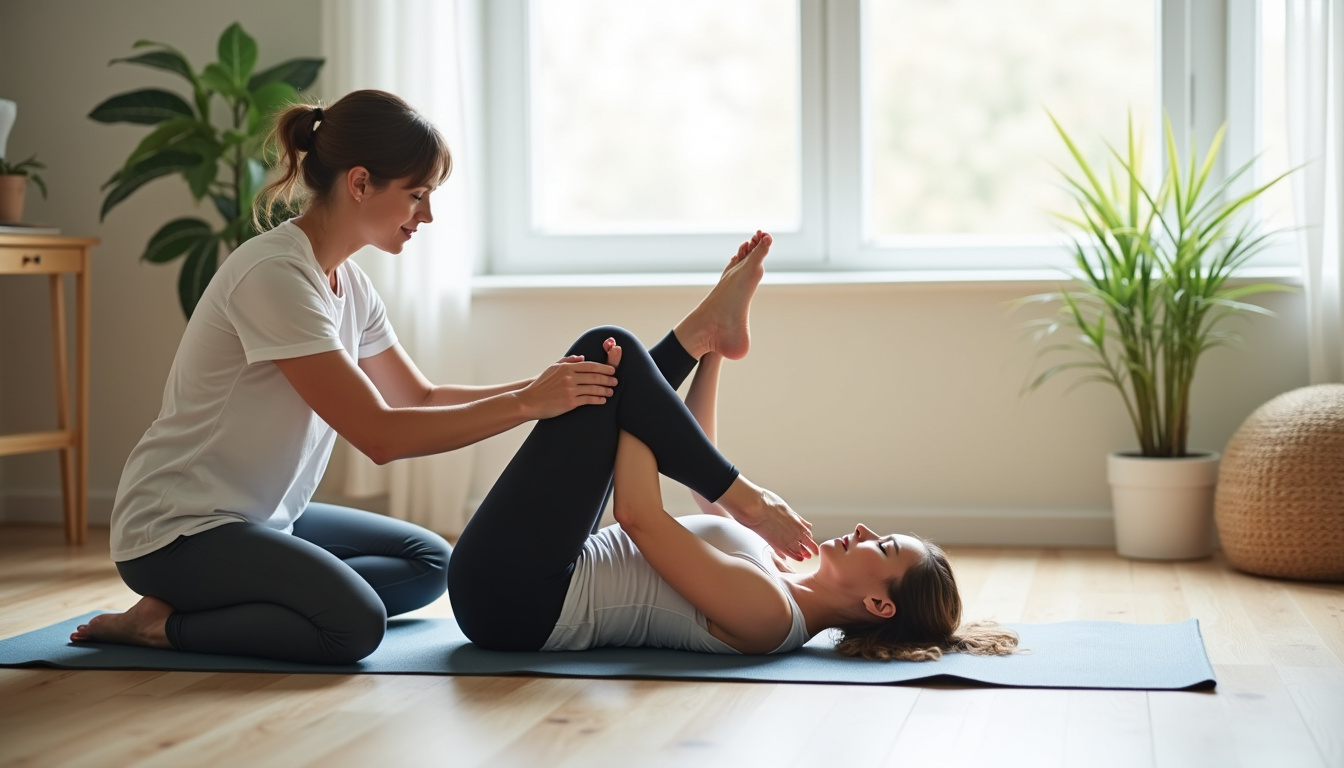 Personne en train de réaliser des exercices de kinésithérapie pour l'arthrose du genou, allongée sur un tapis, avec des gestes doux et guidés