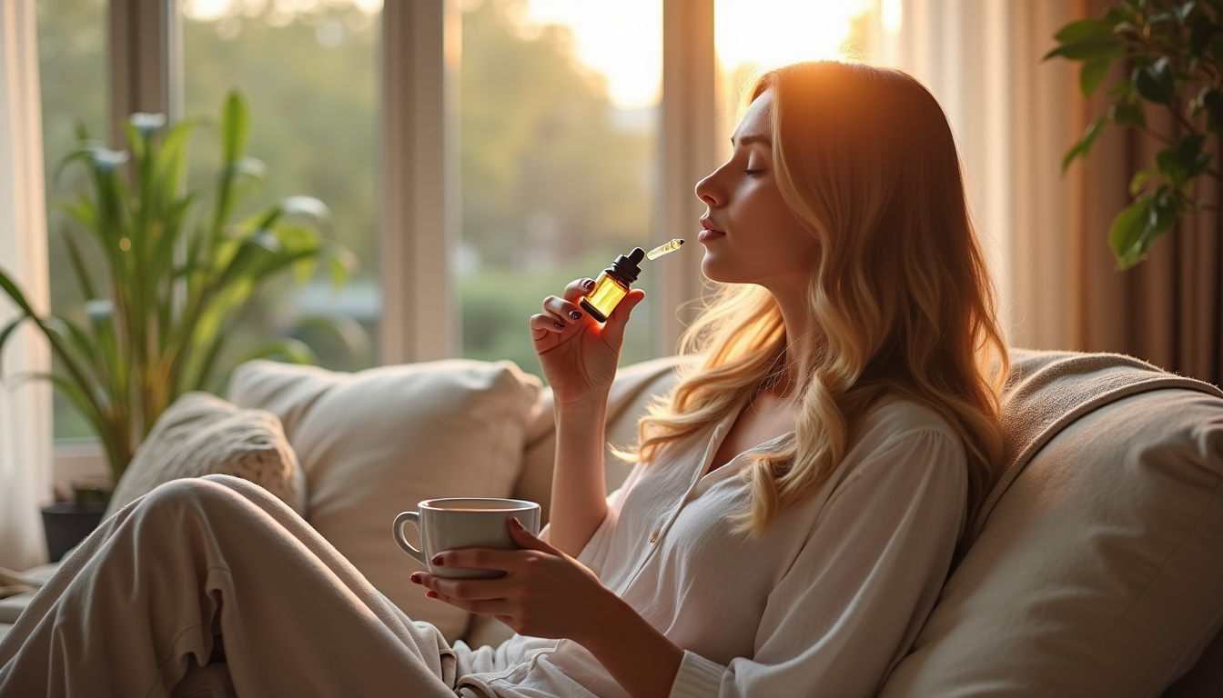 Personne utilisant de l'huile de CBD dans un cadre de détente à la maison