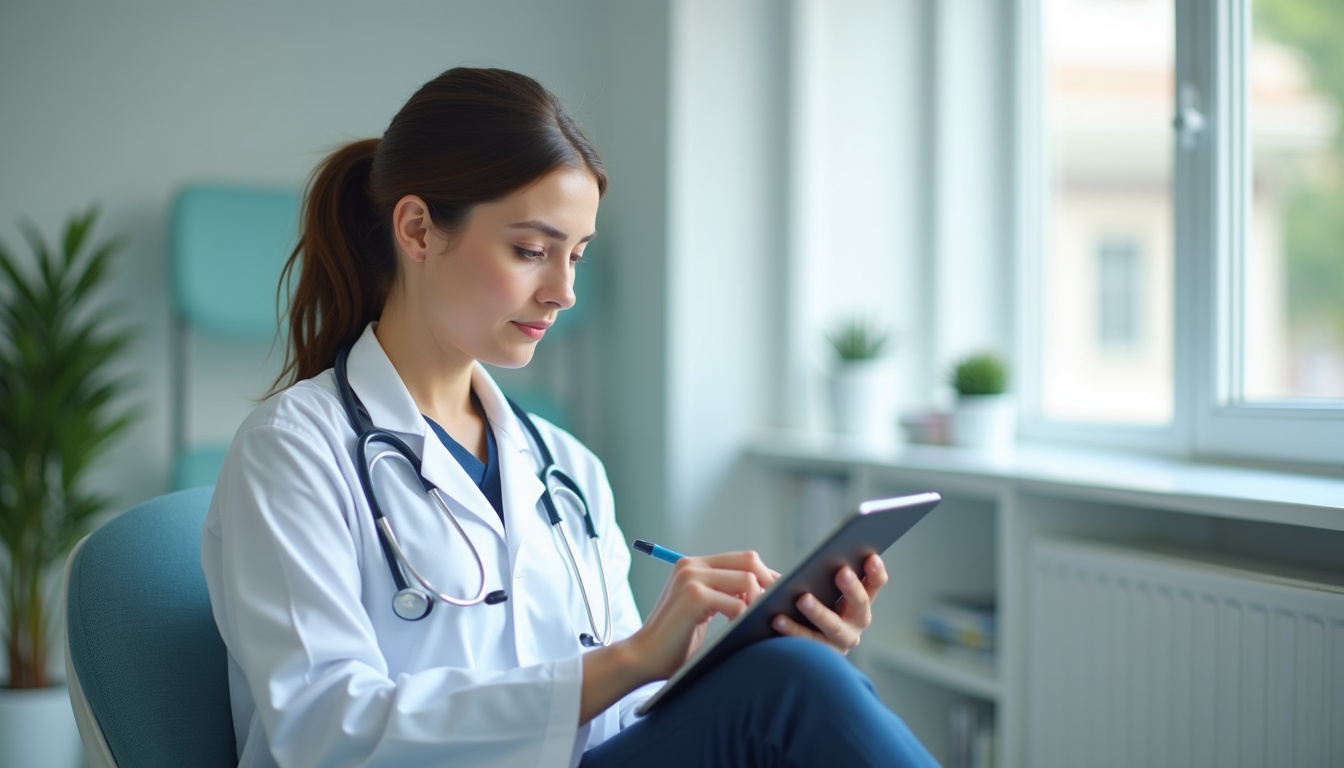 Professionnel de santé en train de remplir un formulaire de conventionnement SP Santé sur une tablette