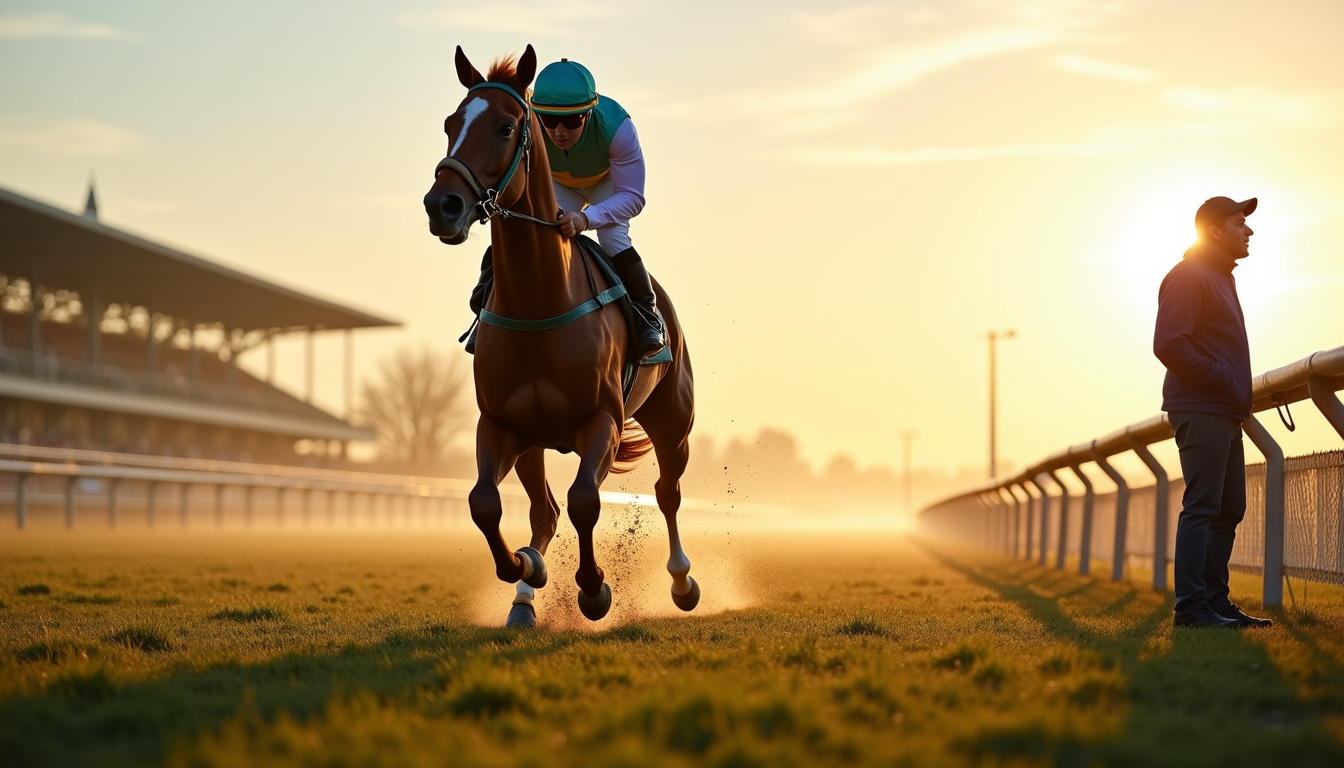 Cheval en pleine séance d'entraînement matinale sur un hippodrome