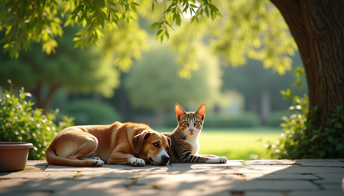 Chien et chat à l'ombre en plein été, dans un environnement frais et sécurisé