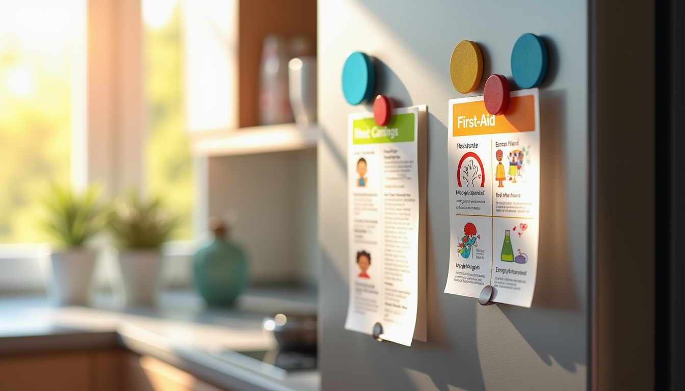 Fiches plastifiées accrochées au frigo avec les règles pour gérer les petits bobos de l'enfant