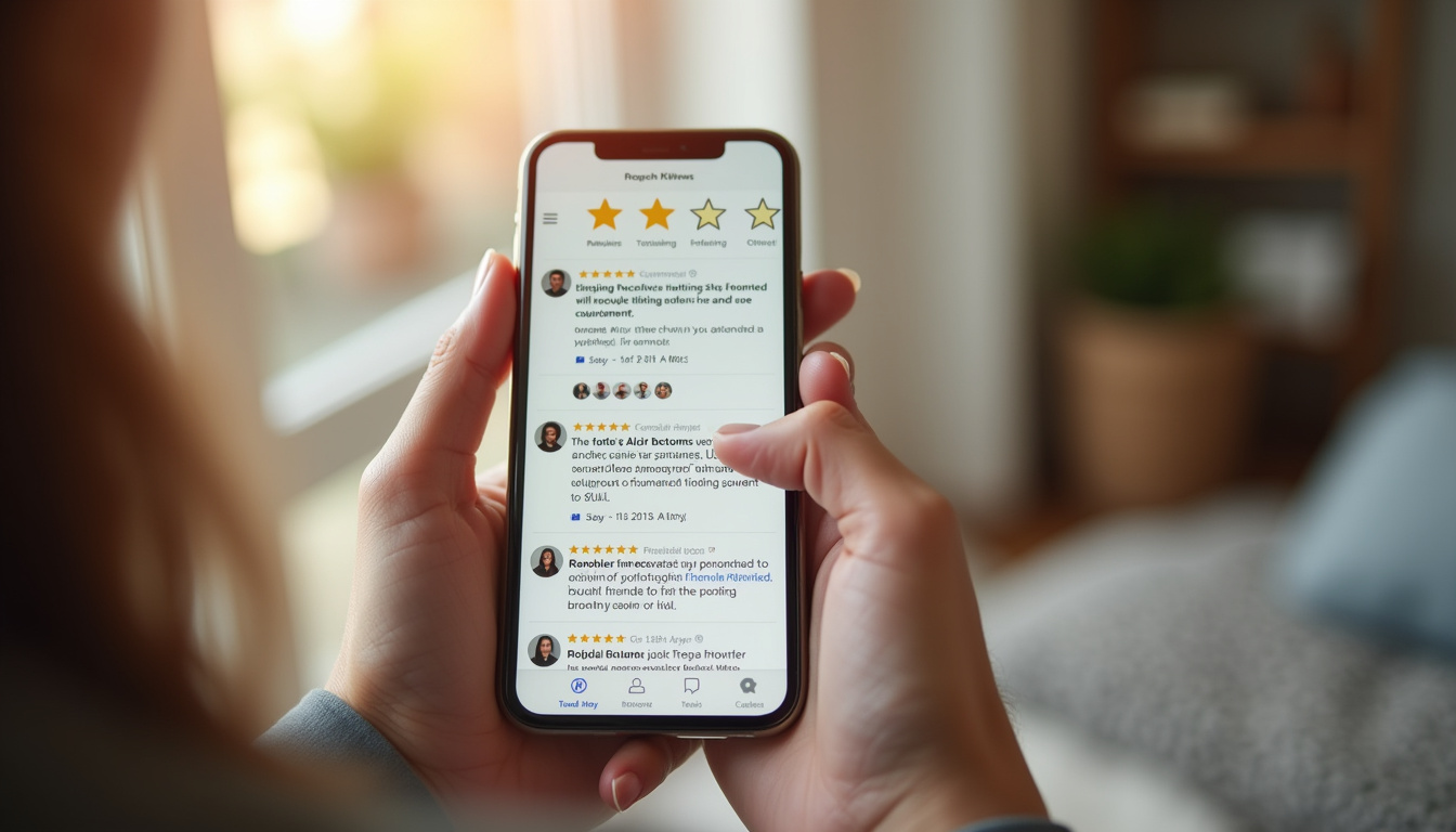Illustration montrant un consommateur en train d'analyser des avis vérifiés sur son téléphone, en comparant les détails et les notes