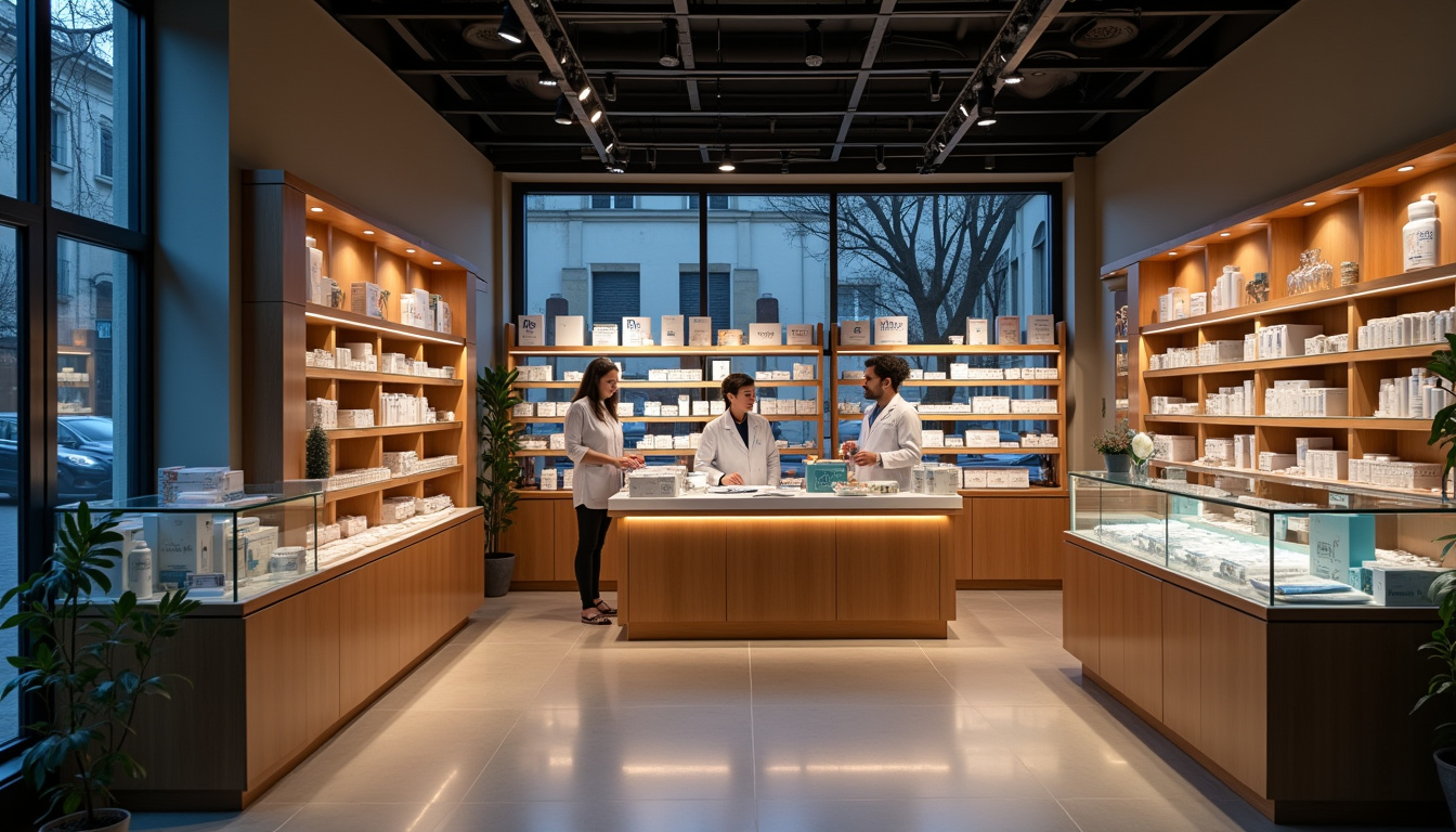 Intérieur de la Grande Pharmacie Lyonnaise en pleine nuit, éclairage doux, personnel en poste