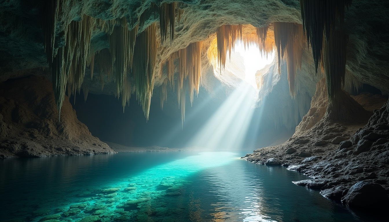 Intérieur des grottes du Cerdon, stalactites et stalagmites sous éclairage naturel