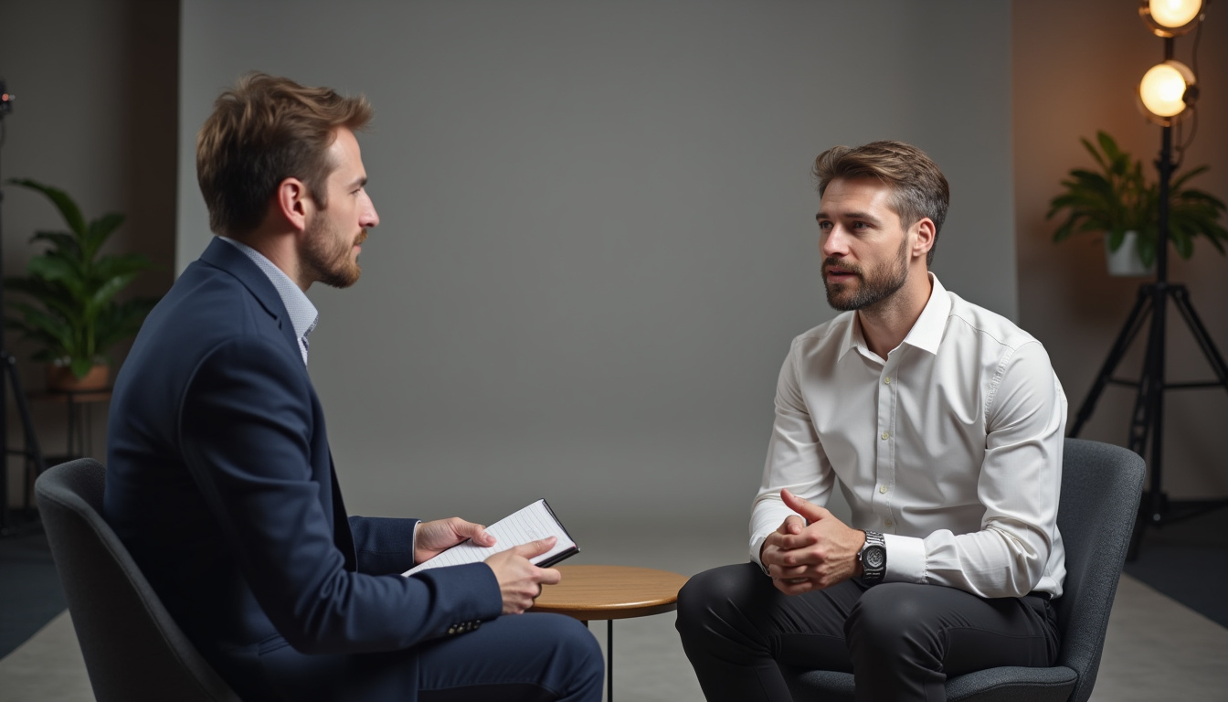 Journaliste en entretien avec un expert du secteur assurantiel lors d'une interview filmée