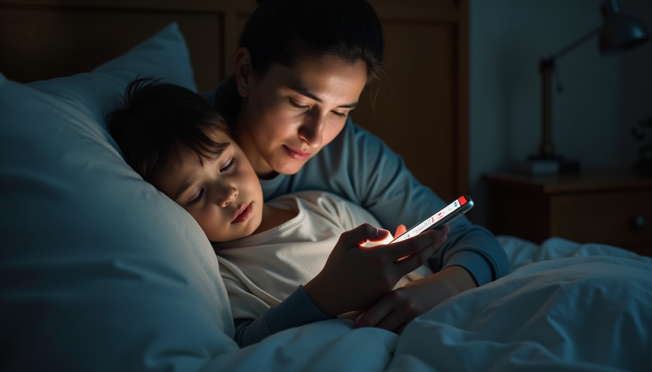 Parent tenant un enfant malade le soir, avec téléphone allumé montrant plusieurs onglets ouverts sur des sites de santé