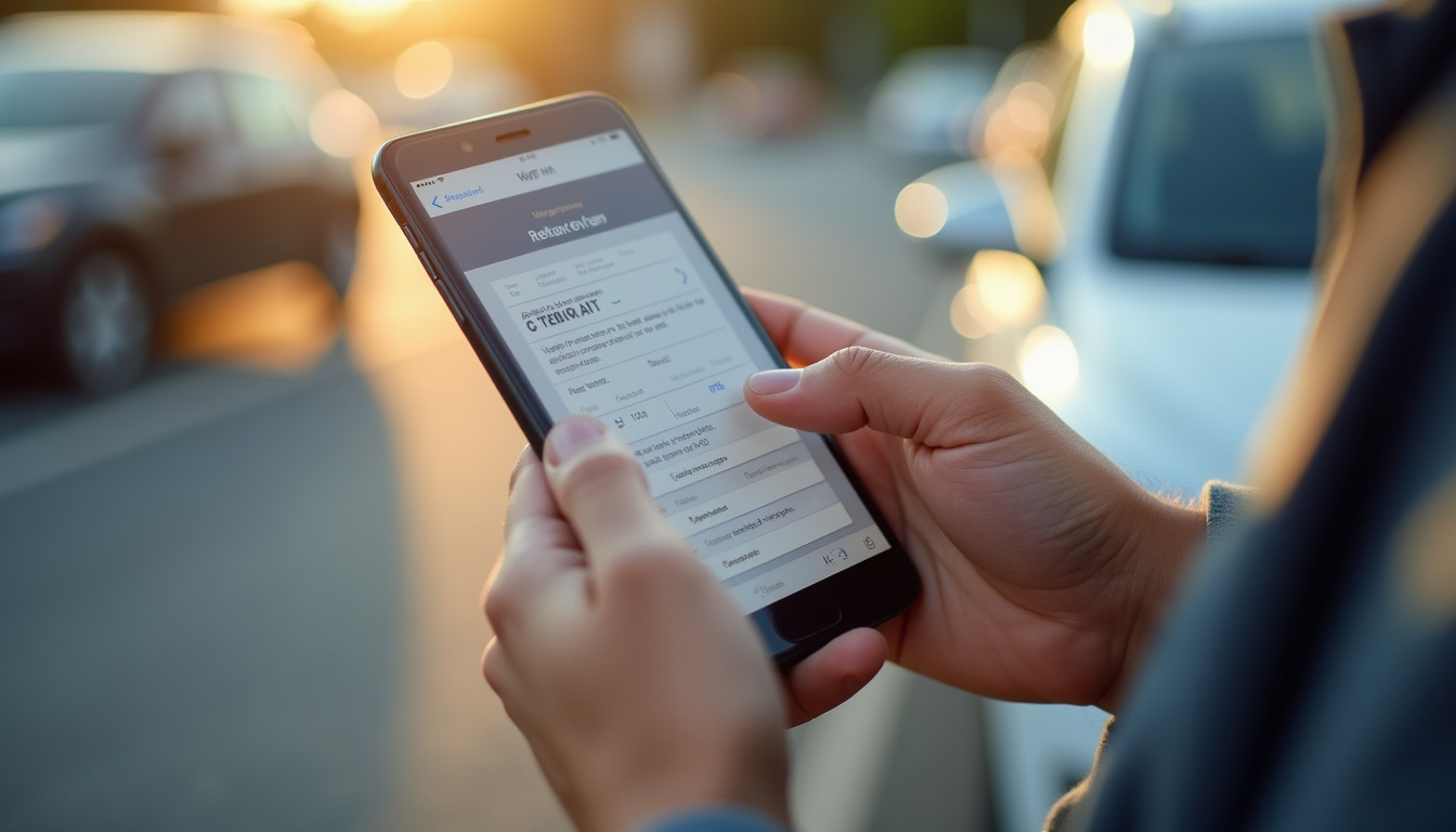 Personne remplissant un constat amiable de sinistre automobile sur un smartphone