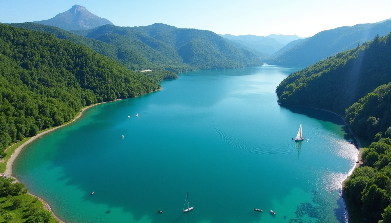 Vue aérienne du lac de Paladru, eaux claires et activités nautiques en été