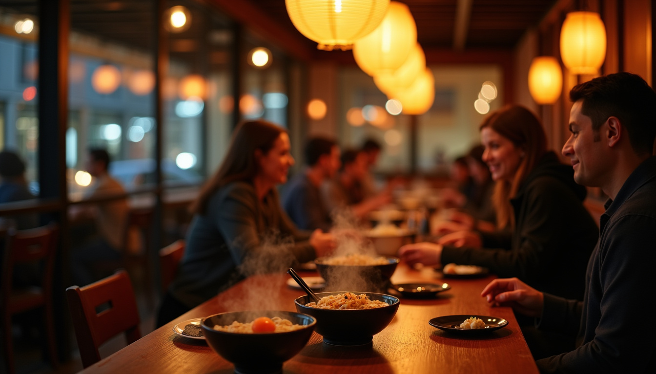 Intérieur d’un restaurant japonais à Lyon en soirée, ambiance intimiste avec lumières tamisées et convives souriants