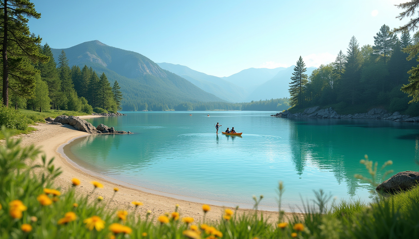 Lac de Paladru avec eaux turquoise, plage et activités nautiques près de Lyon
