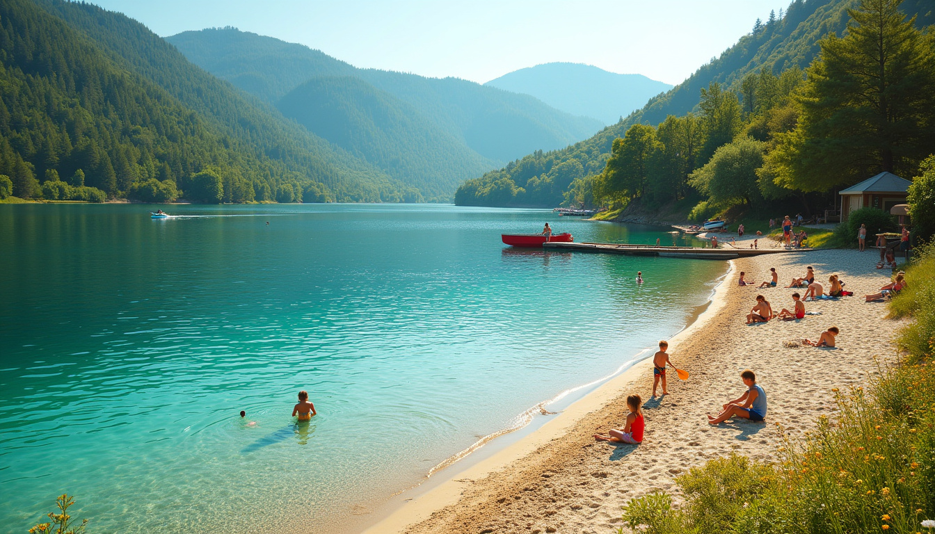 Lac de Paladru en été avec baignade et activités nautiques