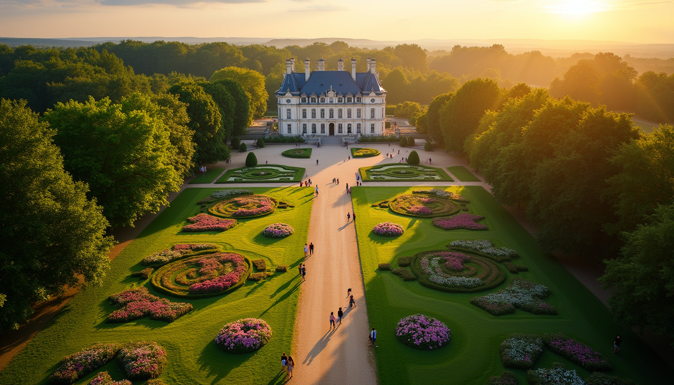 Vue aérienne du Domaine de Lacroix-Laval, montrant le château, la roseraie, des familles en pique-nique et des sentiers boisés
