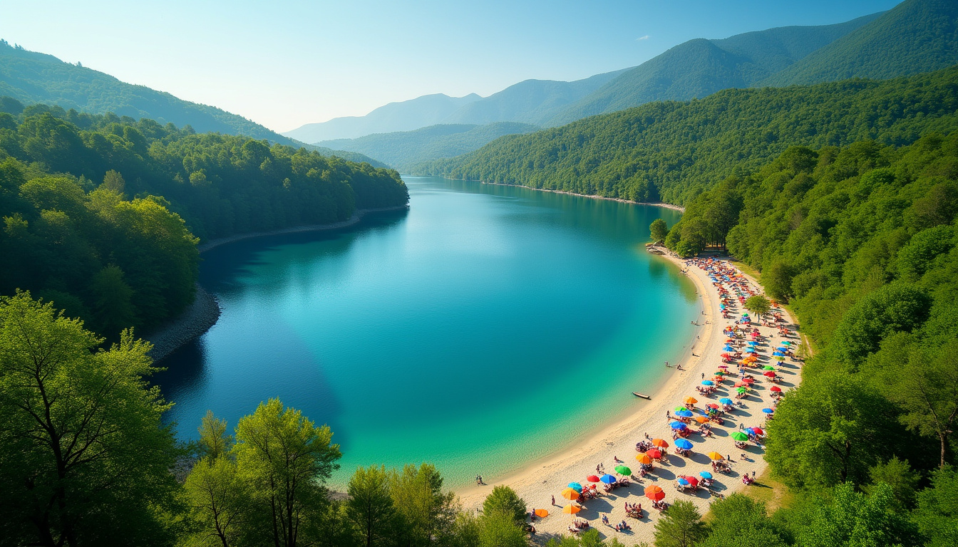 Vue aérienne d’un lac entouré de forêt, avec plage surveillée, eaux turquoise et familles en train de pique-niquer