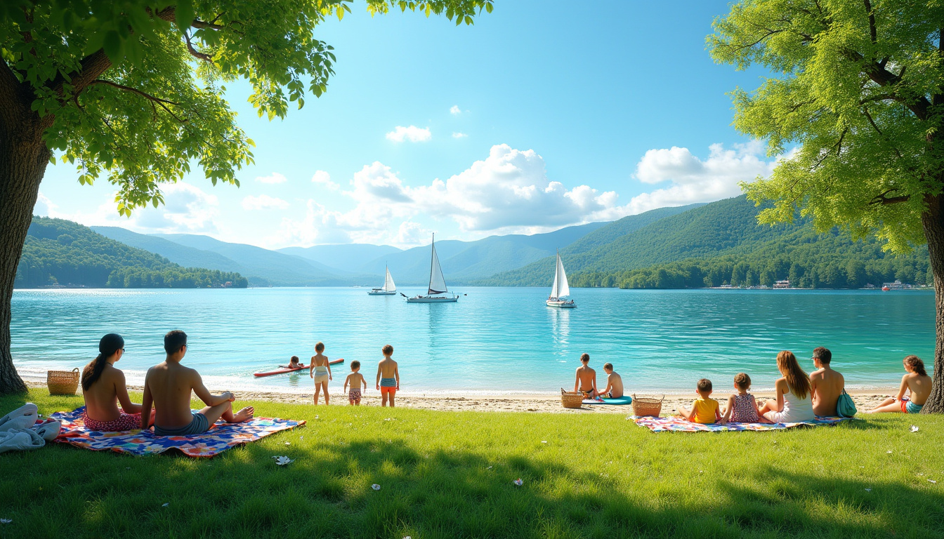 Vue d'ensemble du lac de Paladru en été, avec eaux turquoise, familles en pique-nique et activités nautiques visibles sur la rive