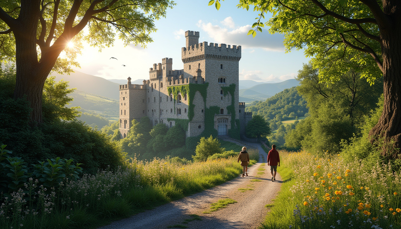 Vue extérieure d’un château médiéval entouré de verdure, avec visiteurs en train de se promener