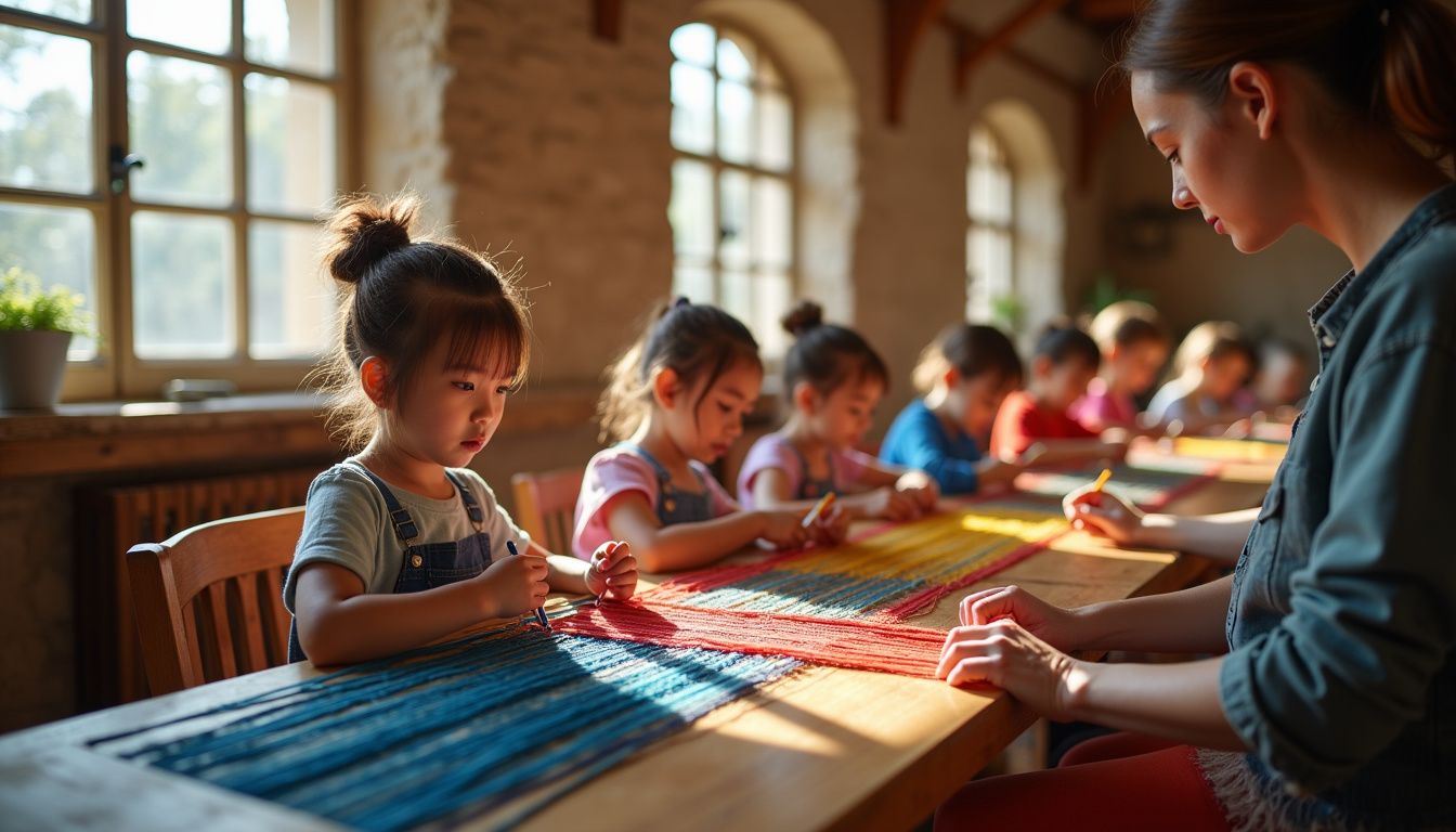 Enfants participant à un atelier de tissage à Lyon, guidés par un artisan